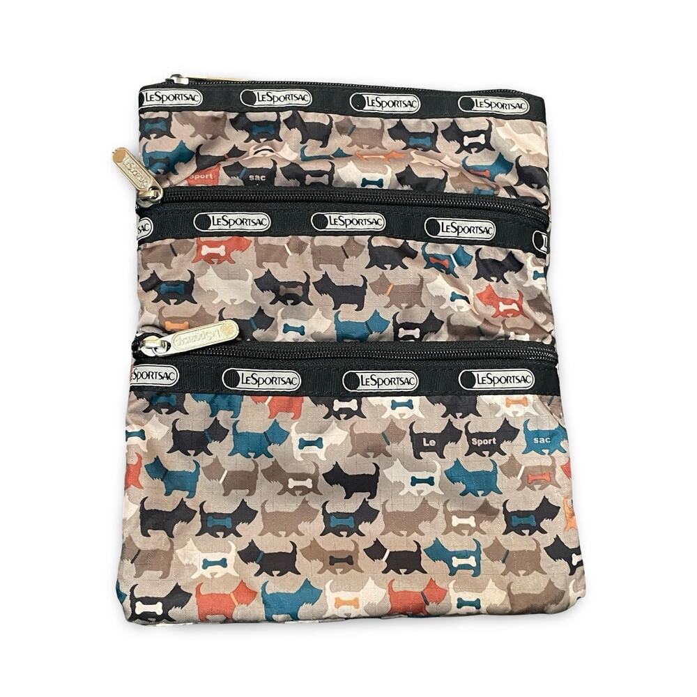 LeSportsac Scottie Dog 3 Zip Cosmetic Pouch Clutch Bag Gray Nylon Terrier Travel
